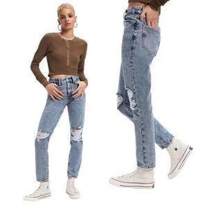 NWT Good American Distressed High Rise Denim Jeans 29/8 Stone Wash Indigo New